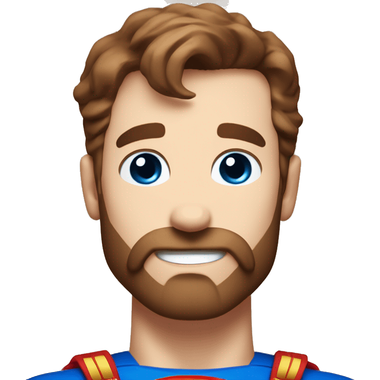 White superman, redish hair, blue eyes, redish brownish facial hair, very handsome, scruffy beard, flying, with a blue goat emoji