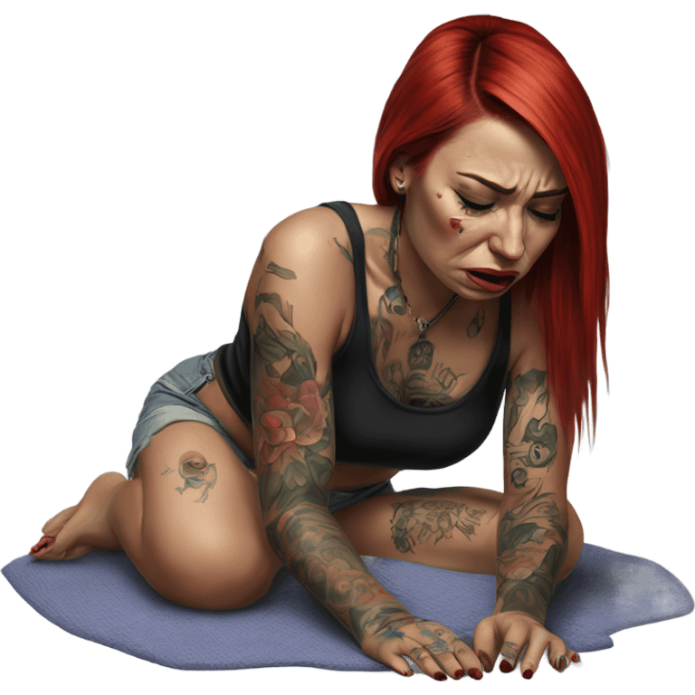 Hyper Realistic Beautiful tattooed woman crying sadly on the floor  emoji