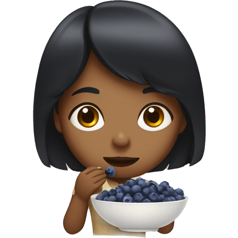 brown girl with black hair with bangs eating blueberries in bowl emoji