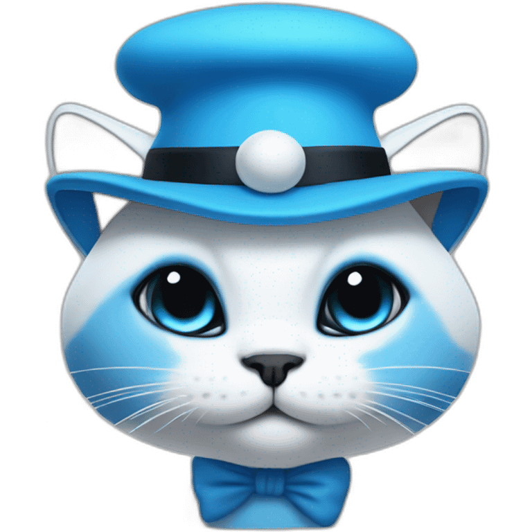 Blue smurf cat with black eyes wearing white mushroom as hat face emoji