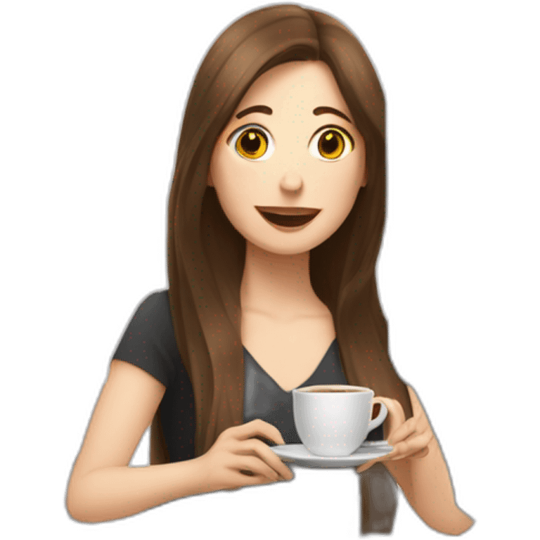 woman with pale skin and long brown hair behind a computer juggling with coffee cups emoji