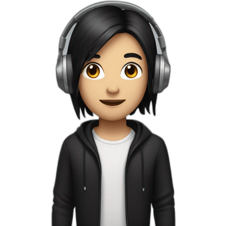 Cartoon character with long black hair, black outfit, silver headphones, dark brown eyes emoji