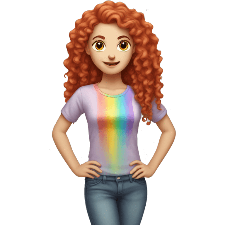 white girl with long red curly hair, wearing a pastel rainbow shirt doing a pose emoji