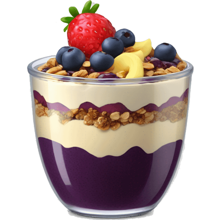 Açaí in a clear cup with layers of fruits and granola and condensed milk emoji