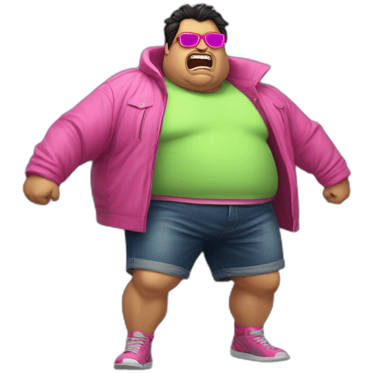 fat man with dark hair,a vibrant long yellow jacket, pink glasses, short jeans shorts. Show full lenght peson, person fighting a monster as superhero emoji