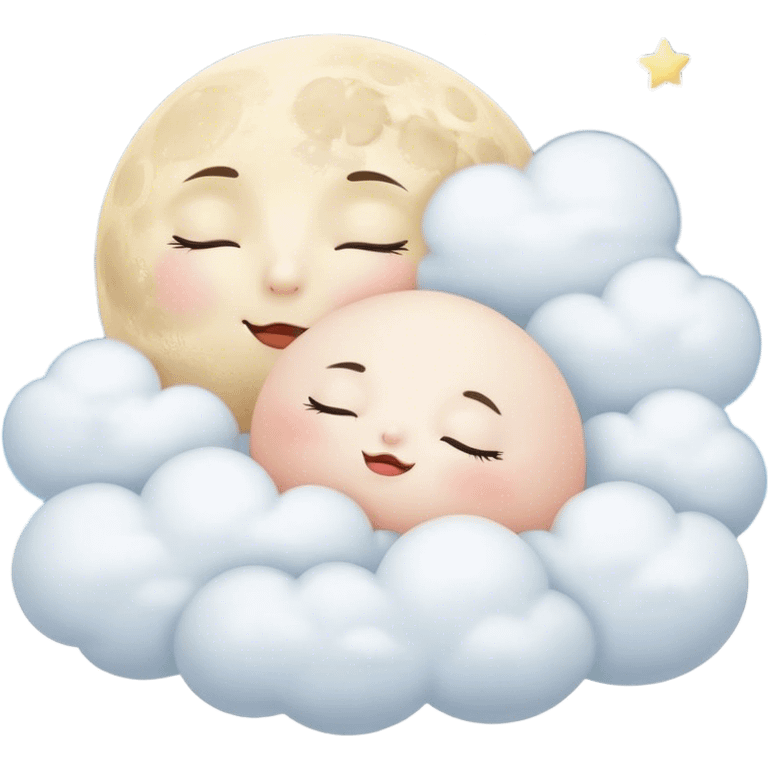 Cinematic adorable moon with a sleepy face, round and chubby, soft glowing light, tiny rosy cheeks, resting on a bed of fluffy clouds, dreamy and peaceful. emoji