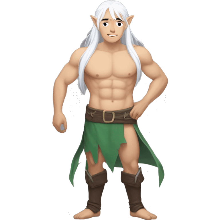 Asian masculine full body shirtless abs long white hair elf  emoji