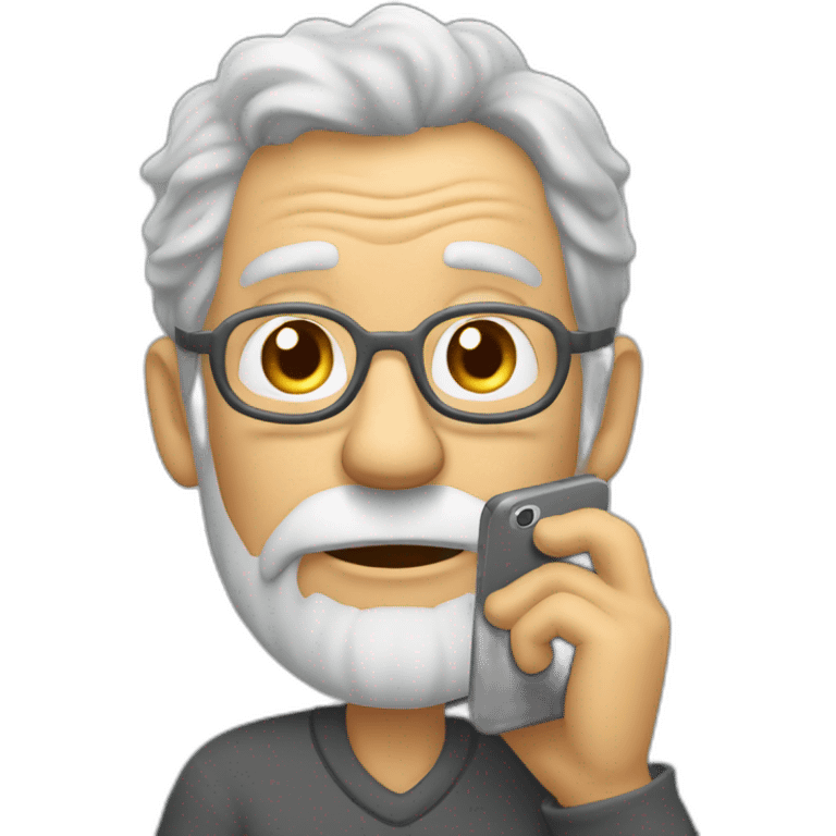 Old man with many gray hairs talking on his cell phone and his name is expeditious emoji