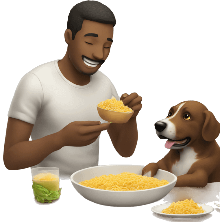 Hazme una imagen de un hombre comiendo con su perro emoji