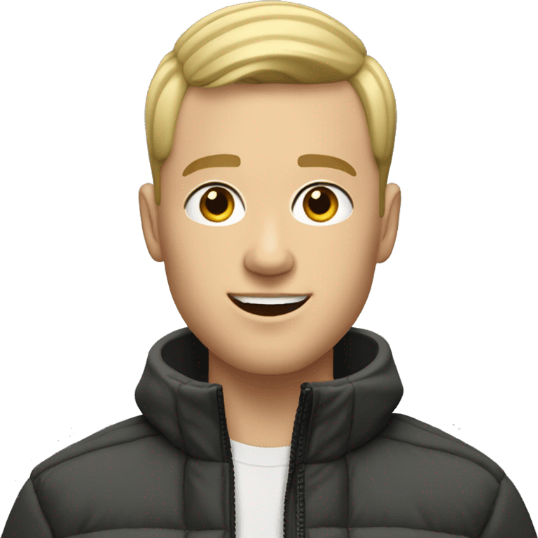 blonde guy with buzz cut hair and with north face coat with a mobile showing to front emoji