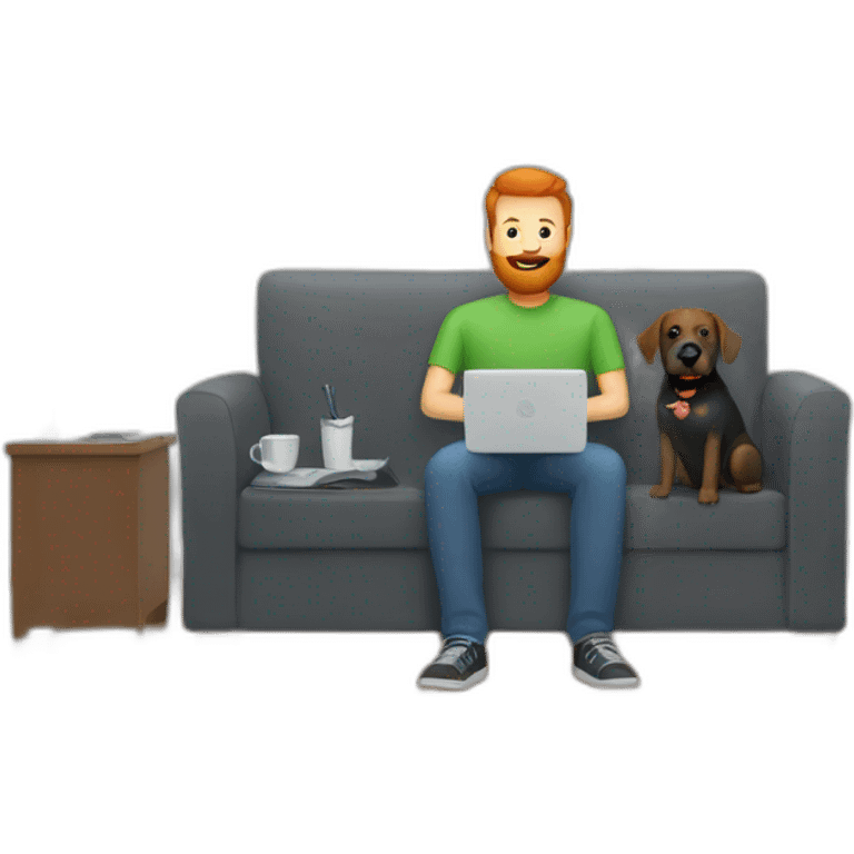 a man with a red beard sits working on a computer on the sofa with a black Labrador emoji