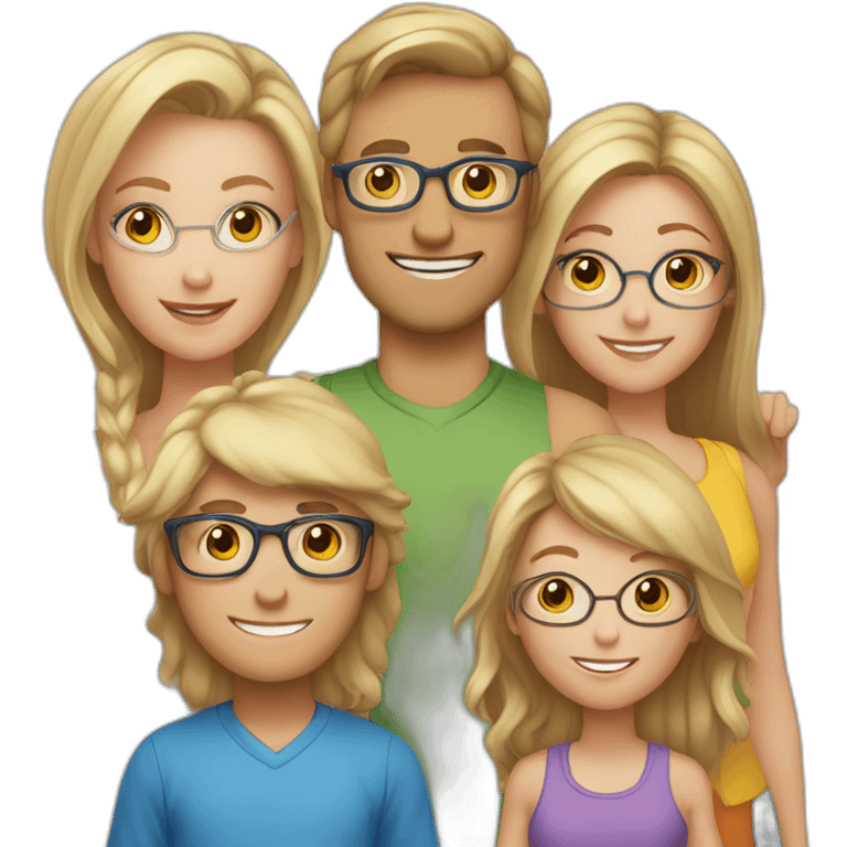 Family of 5 - blonde hair mom, light brown hair dad with glasses, 8 year old blonde girl with glasses, 4year old light brown hair boy and 1 year old light brown hair girl emoji