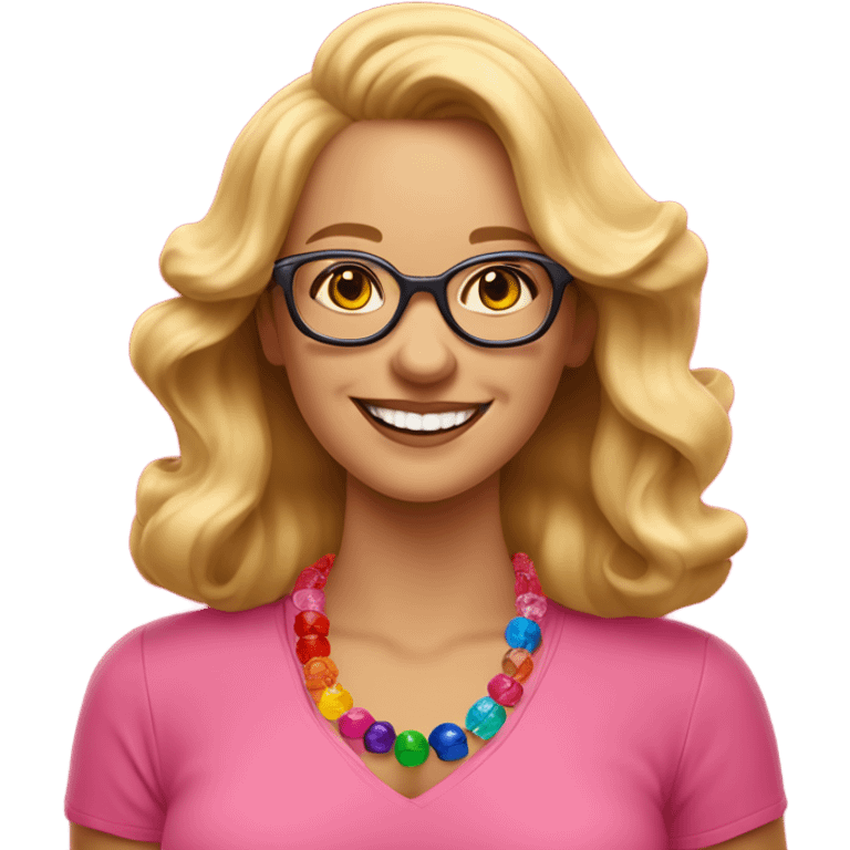  cheerful woman with wavy blonde hair and glasses, wearing a pink shirt and colorful beaded necklace, smiling brightly against a vibrant red background." emoji