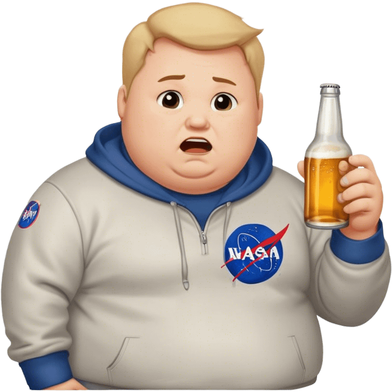  chubby weepy salesperson, beer bottle, complaining, not much hair, nasa sweatshirt emoji