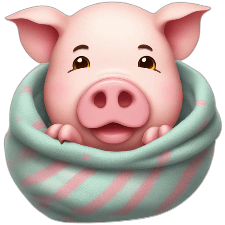 Pig having fever, thermometer in mouth, covered in blankets, feeling cold, sneezy emoji