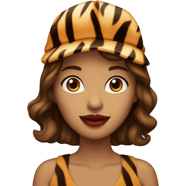 woman with brown hair and tiger hat, red lips emoji