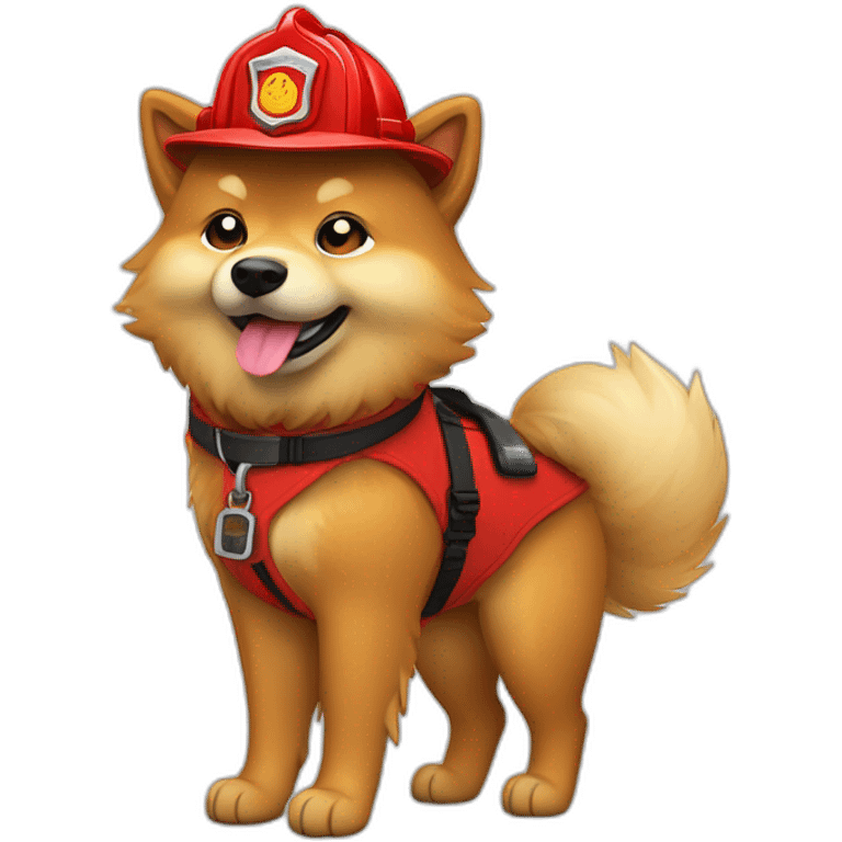 Full body fawn Eurasier happy, Red firefighter hat and red boots tail wagging emoji