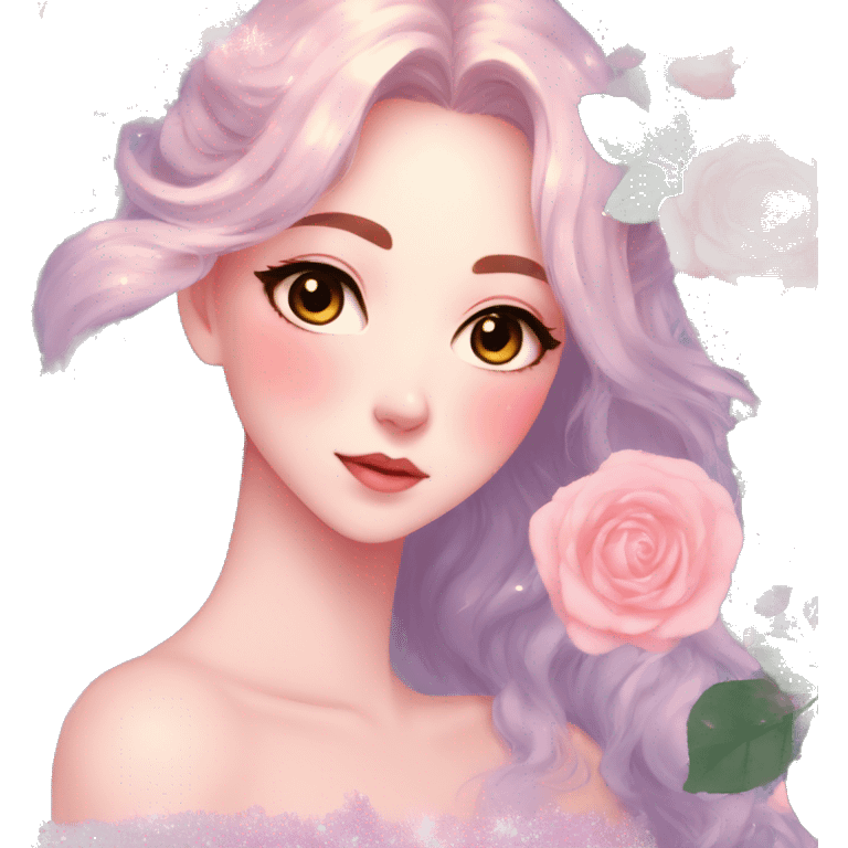 Gorgeous pastel anime style lady with blushing face and roses leaves glitter sparkle aesthetic trending style emoji