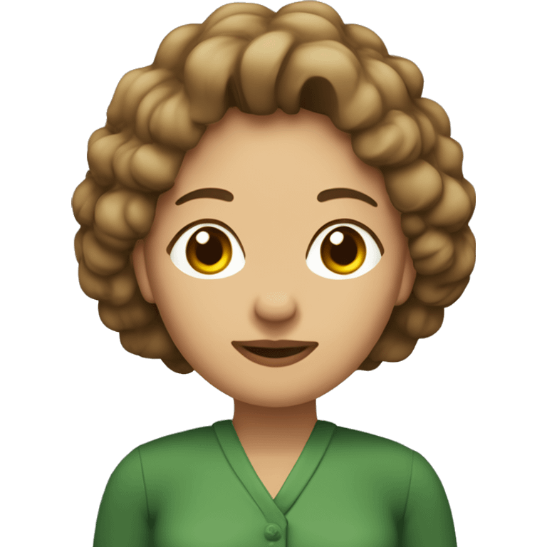 Mujer de mediana edad con pelo rizado corto de color castaño claro. Es de piel clara con ojos verdes. emoji