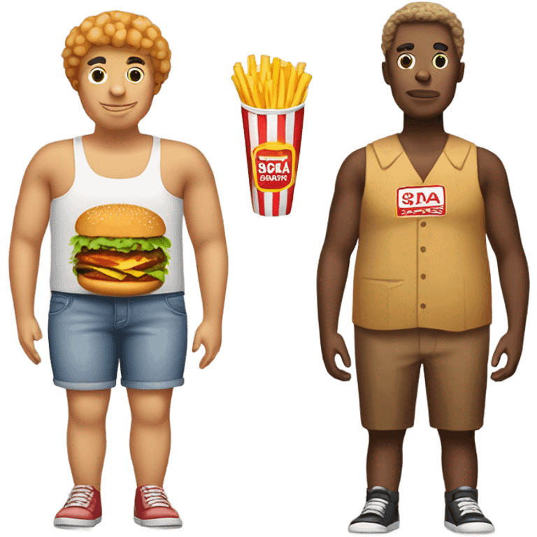 A person with a burger as the torso, potato wedges as the legs, a chicken nugget for the head and a soda and straws for the arm emoji