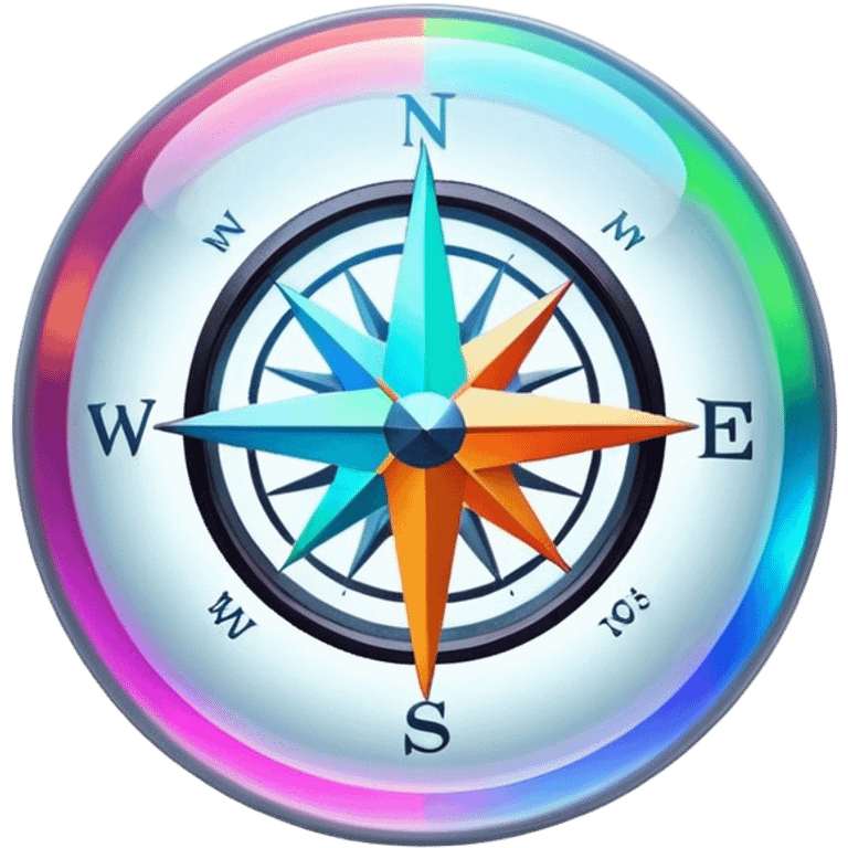 A glowing holographic compass with vibrant neon colors, inside a crystal-clear floating sphere emoji