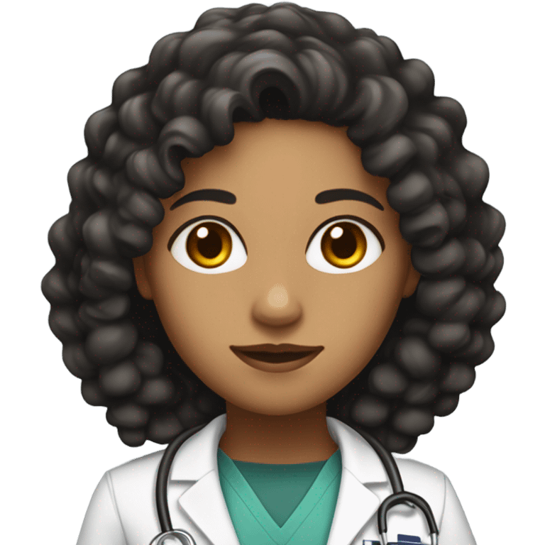 woman dark olive skin with very dark long curly hair with a doctor uniform on and dark eyes emoji