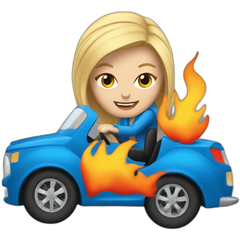 blonde female driving blue car Turbo with cool flames  emoji