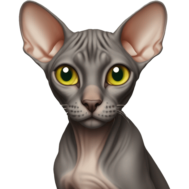 Sphynx cat , dark brown and gray colour , orange nose green eyes  , emoji