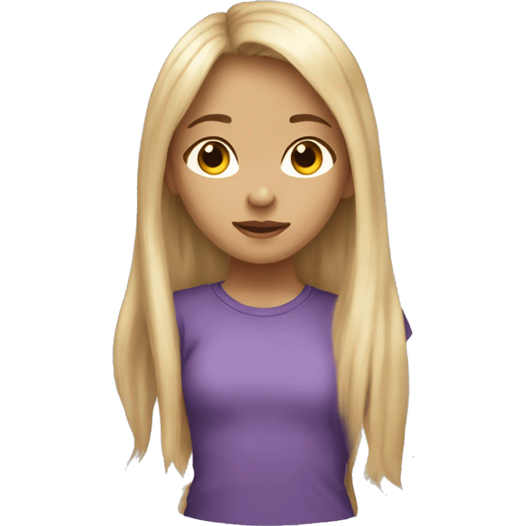 12 years old girl with blond hair and long hair with bang, with a purple shirt and a baggy jean and light skin emoji