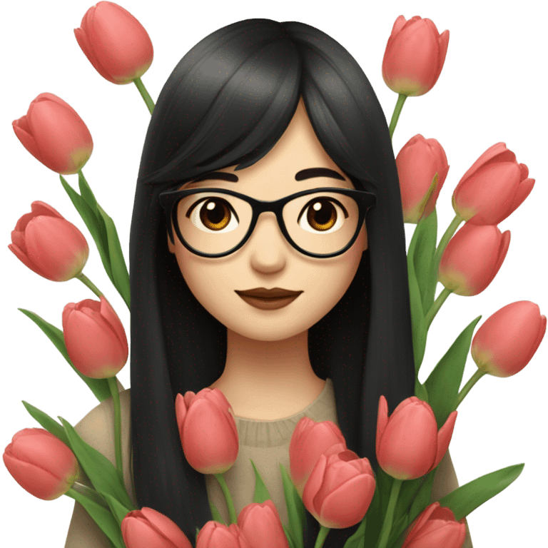 asian pale skin girl with long black hair and bangs and glasses holding tulips emoji