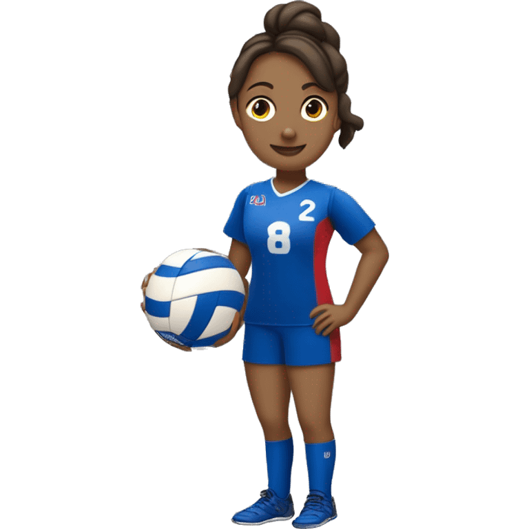 jugadora de voley con vestimenta azul francia morocha y camiseta numero 4 qj este jugando emoji