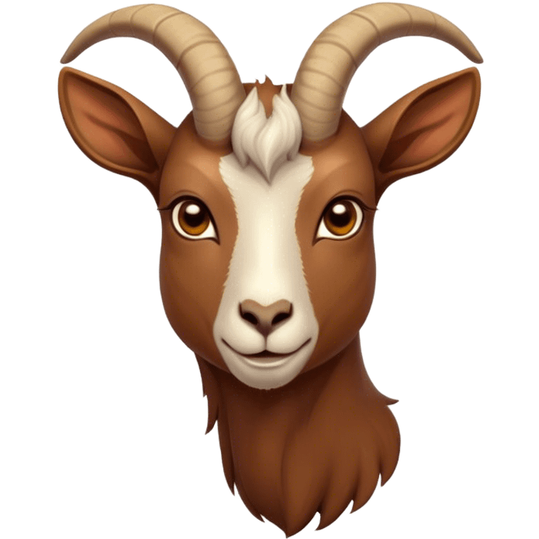 Cinematic Noble Brown Goat Portrait Emoji, Poised and regal, with a sturdy, agile build and a smooth, well-groomed rich brown fur accented by gracefully curved horns, deep-set soulful dark eyes, Simplified yet sharp and sophisticated features, highly detailed, glowing with a warm, dignified glow, high shine, intelligent and spirited, stylized with an air of rustic elegance, focused and attentive, soft glowing outline, capturing the essence of a watchful and confident goat, so majestic it feels as though it could leap out of the screen with effortless authority! emoji