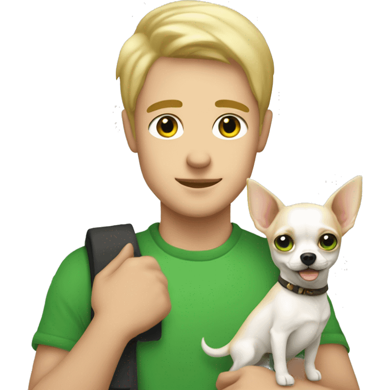 A fair-skinned guy with green eyes and blond hair with a white Chihuahua in his arms emoji