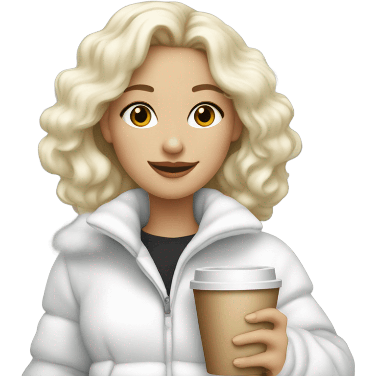 blonde girl wearing white fluffy jacket and a coffee to go in hand all dress white and a white bow on hair emoji