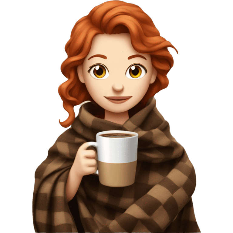 a red-haired girl, wrapped in a brown checkered blanket, drinking coffee from a cup shaped like a stuffed animal emoji