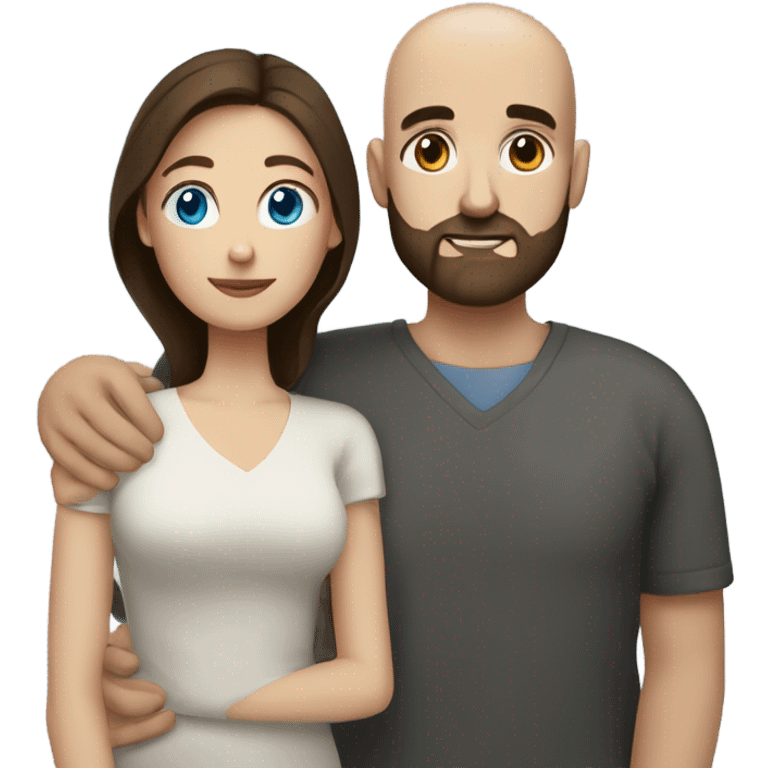 dark brown haired woman with blue eyes cuddling bald man with beard emoji