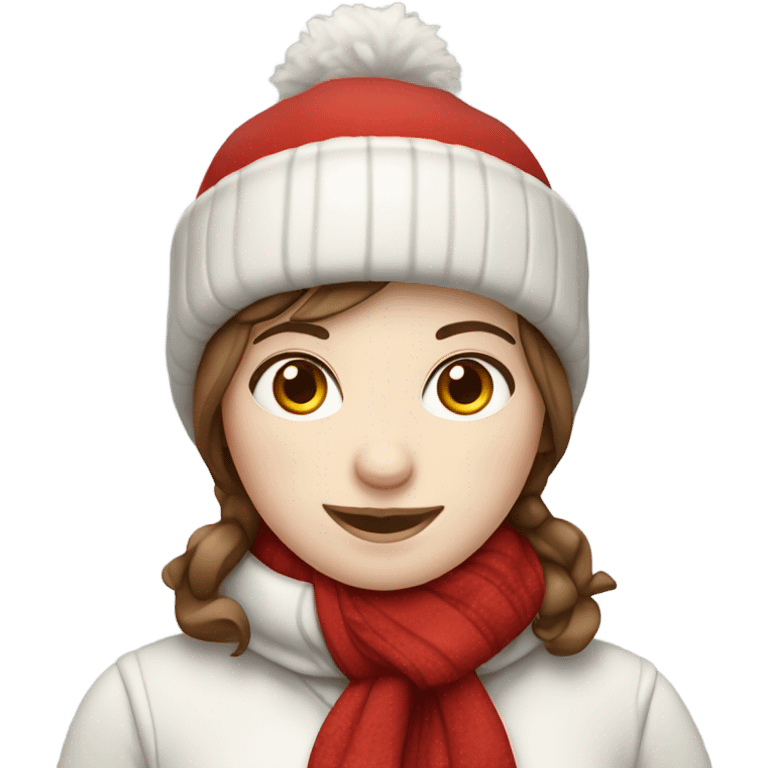 Pretty female snowman with brown hair and pale skin in red hat and red scarf emoji