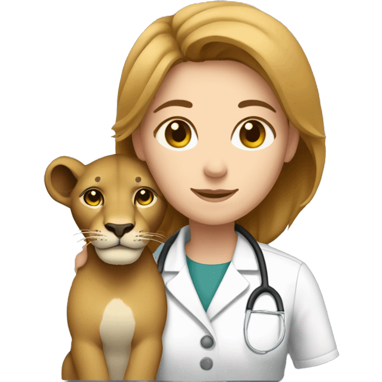 Light brown hair woman veterinarian with grey eyes cuddling a lion emoji