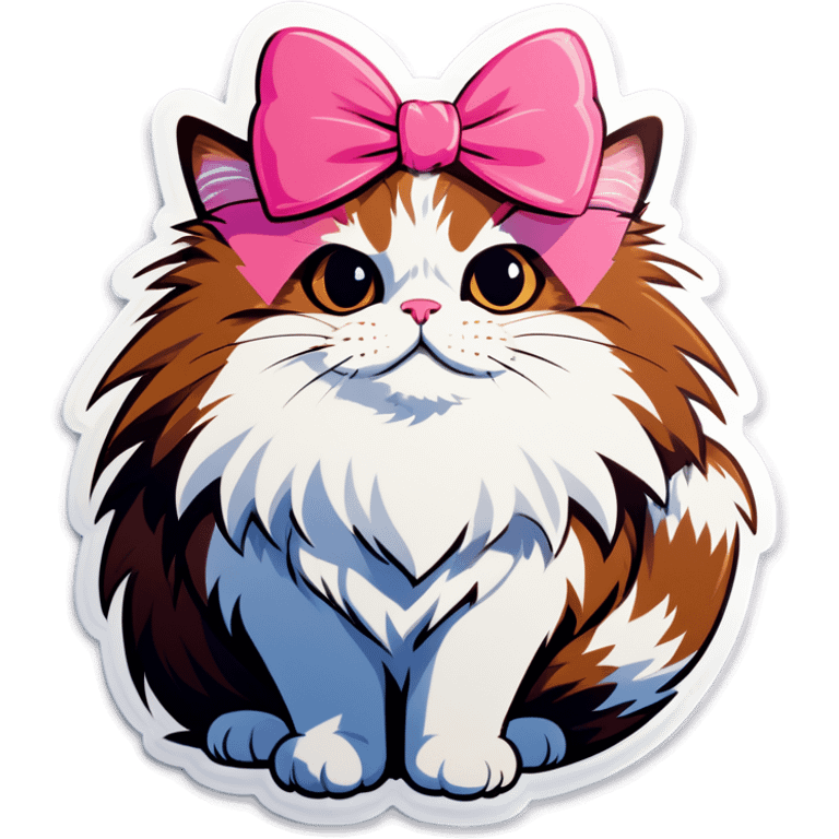 Brown and white fluffy cat with pink bow emoji