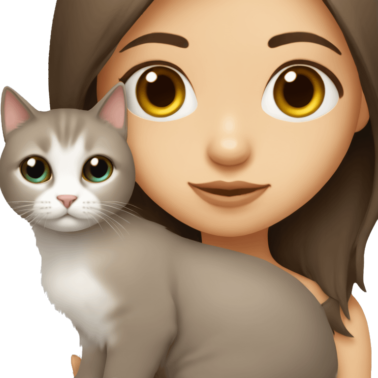 Dark brown straight hair girl with holding fluffy Siberian white cat  emoji