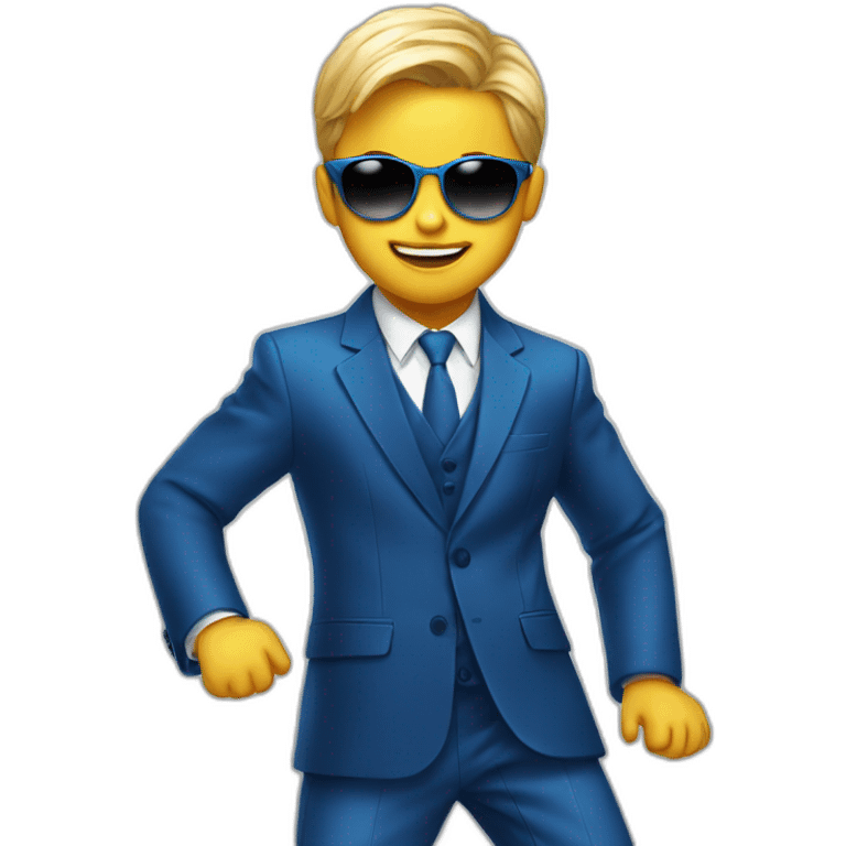 Little kid dancing at party with full blue suit and sunglasses emoji