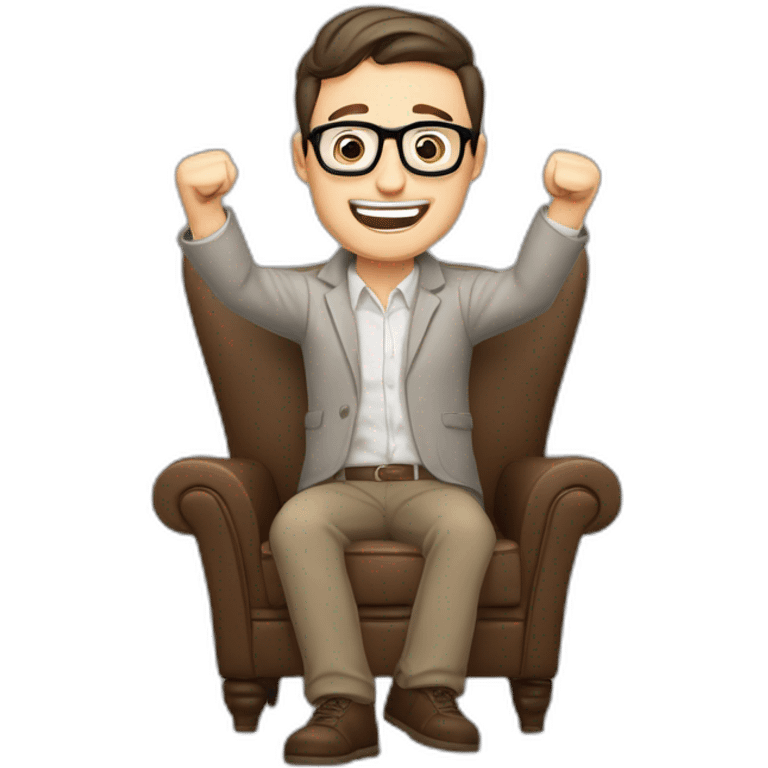 Joyful Celebrating victory Hands up Pale skinned Fit Man With dark brown hair in gray jacket, beige office shirt, Brown pants and vintage glasses sitting In a soft chair emoji