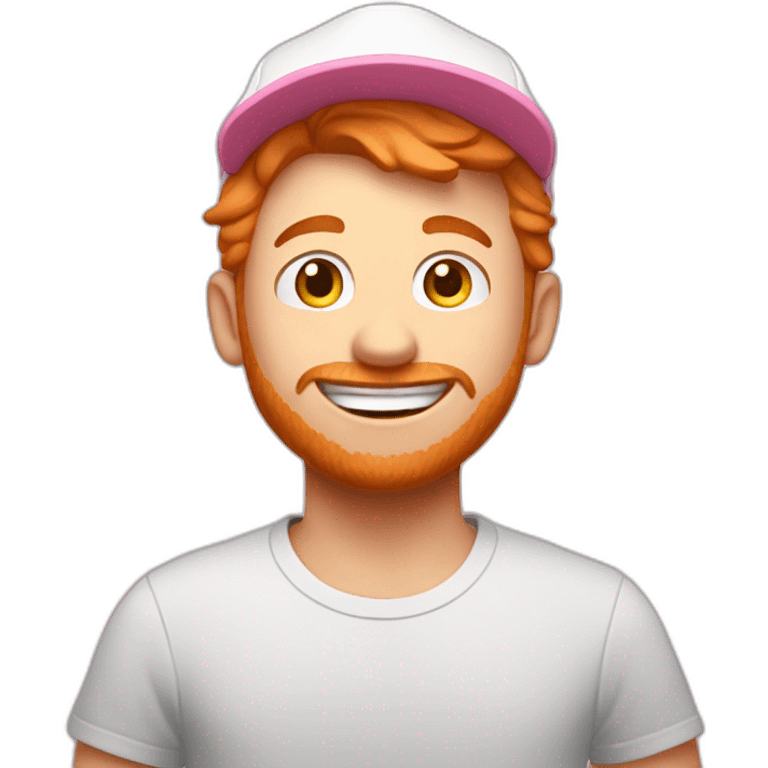 guy with short ginger hair wearing a white hat and a pink tshirst looking excited and super happy with no bear emoji