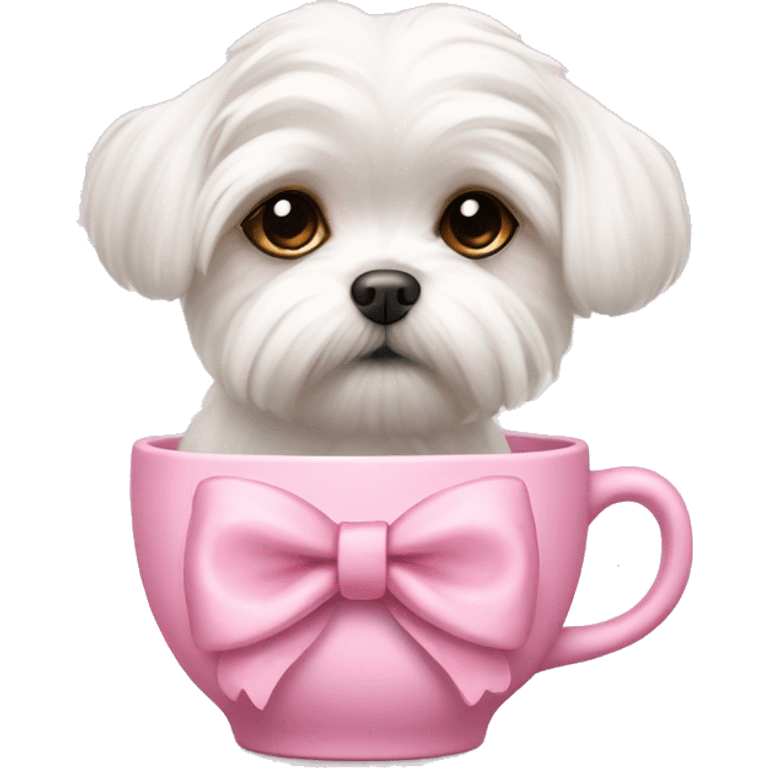 Tea cup Maltese wearing a pink bow emoji