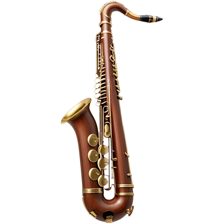 Create an elegant and detailed emoji representing a professional bassoon. The design should feature the sleek wooden body of the bassoon with its rich wood tones, showing the intricate keywork and metal springs. The metal tubing of the instrument should be clearly visible, with polished brass accents. Highlight the bell and the distinctive, curved shape of the instrument. The mouthpiece and reed should be visible at the top, emphasizing the functional details. Use warm wood tones like dark brown, with gold and brass accents for the keys and fittings. Add soft musical notes or soundwaves to represent the deep, resonant sound of the bassoon. The background should be transparent. emoji