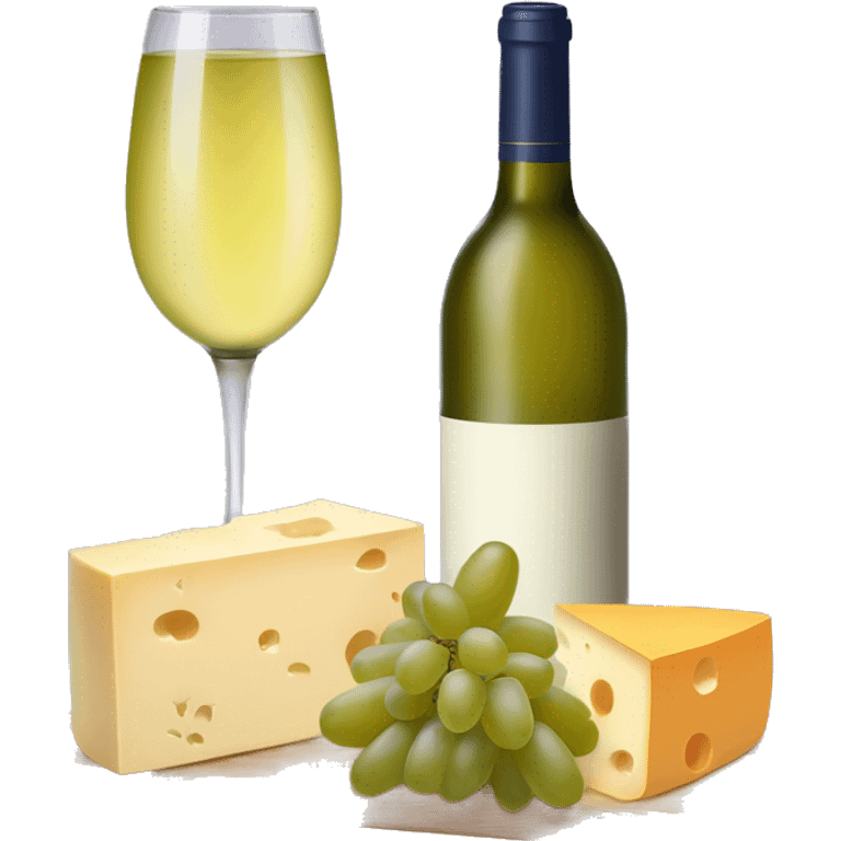 White wine and cheese board with different kinds of cheese and grape  emoji