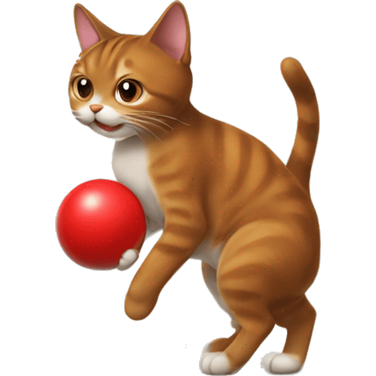 a brown cat with a white chest plays with a red ball emoji