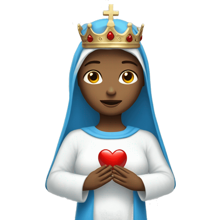 holy mary with a crown, with blue veil, with white clothes, with white skin, holding a red heart in her hands emoji