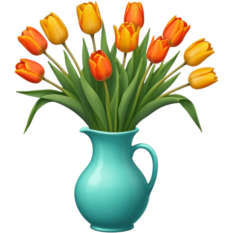 Bouquet of orange and yellow tulips in turquoise glass vase emoji