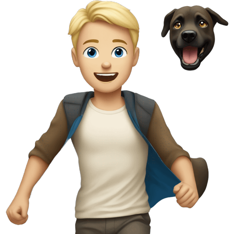 blond boy with blue eyes running with his malinois dog emoji